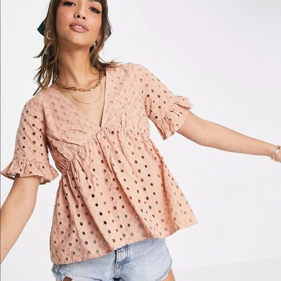 ASOS Tops - ASOS Design broderie smock top with fluted sleeve in mink